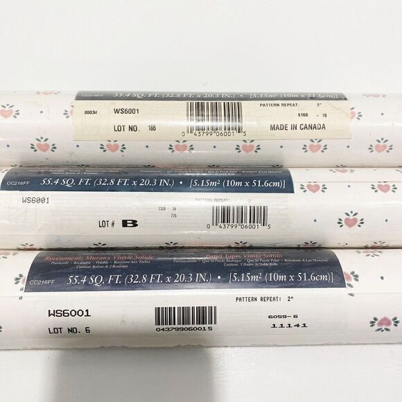 3 Rolls Borden Solid Vinyl Wallcovering VTG 1990s Pink Hearts 55.4 Sq Ft Each - Picture 8 of 10